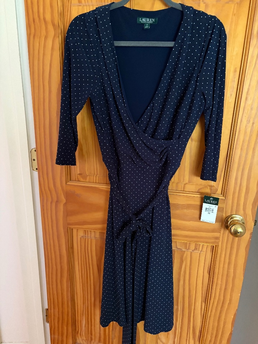 RL Navy Swiss Dor V Neck 3/4 sleeve Midi Dress NWT  size 12